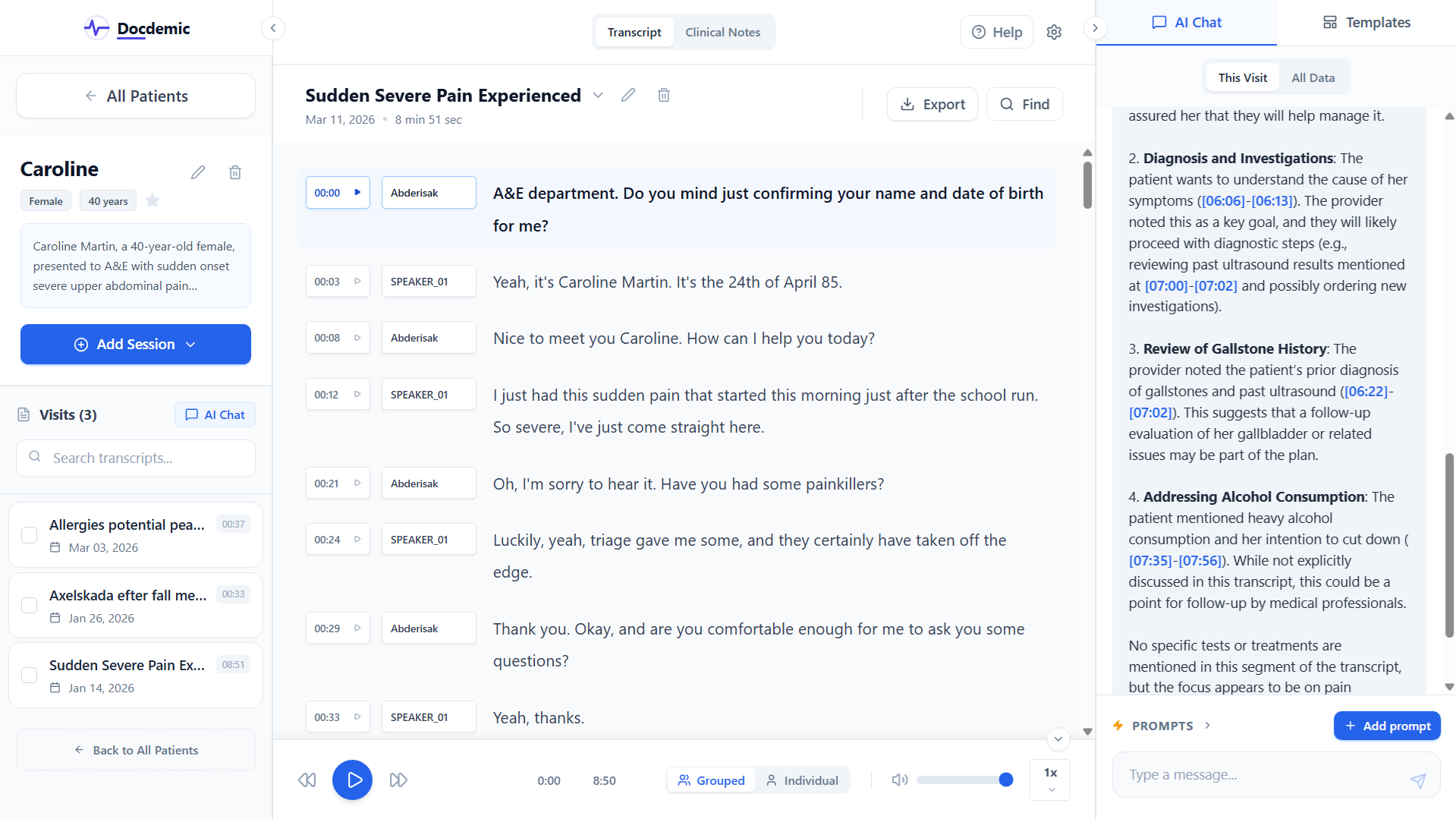 Docdemic AI transcription dashboard showing patient list and recording interface